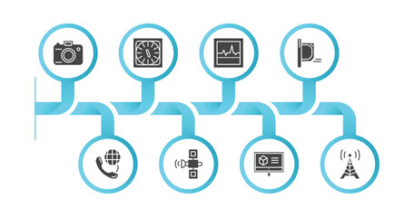 editable filled icons with infographic template. infographic for technology concept. included digital photo camera, kitchen timer, electrocardiogram line, straight air, international call, space
