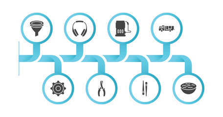 editable filled icons with infographic template. infographic for tools and utensils concept. included filtering, headphone variant, fuel oil bomb service, firetruck, tings gears, wire cutter,
