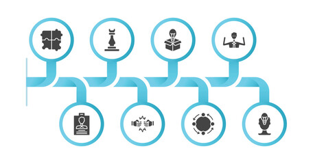 editable filled icons with infographic template. infographic for startup stategy and concept. included jigsaw, rook, new product, happiness, identity, rivalry, procedure, attitude icons.