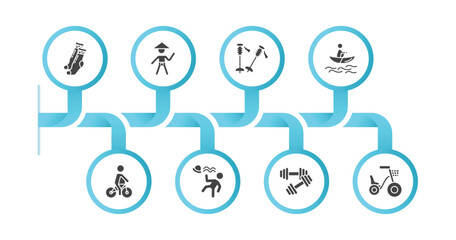 editable filled icons with infographic template. infographic for sports concept. included long socks, sesei, ski poles, man in canoe, man riding bike, man losing hat, dumbbell for training, bicycle