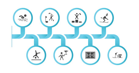 editable filled icons with infographic template. infographic for sports concept. included swimming man, golf player, number one athlete, skiing down hill, cartwheel, man award, football pitch,