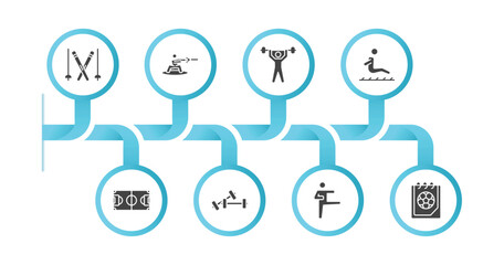 editable filled icons with infographic template. infographic for sport concept. included ski, wakeboarding, weightlifter, long jump, soccer field, training, karate, match icons.