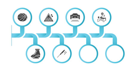 editable filled icons with infographic template. infographic for sport concept. included handball, snooker, formula racing, powerlifting, figure skating, marathon, aerobics, cycling icons.