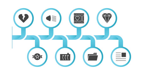 editable filled icons with infographic template. infographic for shapes concept. included heartbreak, low beam, film strip with heart, big diamond, trademark, engine coolant, open folder, paragraph