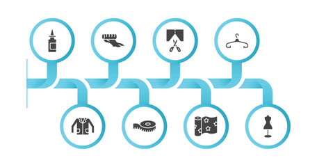 editable filled icons with infographic template. infographic for sew concept. included glue, silk, cutting, clothes hanger, jacket, measuring tape, textile, dummy icons.