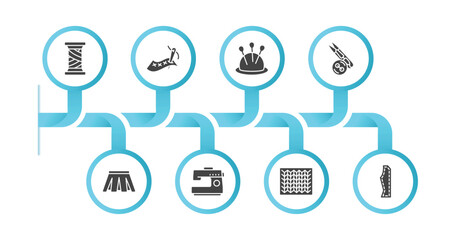 editable filled icons with infographic template. infographic for sew concept. included cotton reel, needlework, pincushion, sewing tools, pleat, sewing hine, knit, sew pattern icons.