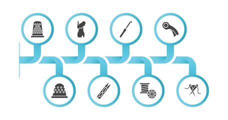 editable filled icons with infographic template. infographic for sew concept. included sewing thimble, styling, crochet hook, rotary, thimble, thread nippers, bobbin, sewing needles icons.