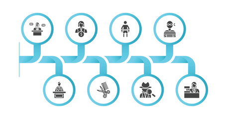 editable filled icons with infographic template. infographic for professions concept. included secretary, financial manager, boxer, thief, software developer, barber, detective, clerk icons.