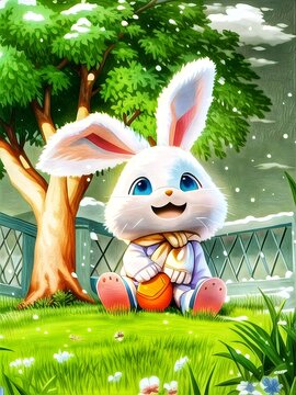 Easter bunny and Rabbit sitting on grass with trees. Beautiful picture of Rabbit.