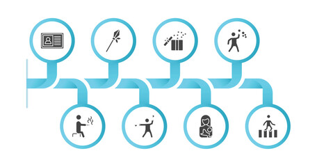 editable filled icons with infographic template. infographic for people concept. included identification pass, lance, open present box, man making soap bubbles, smoking man, flag semaphore language,