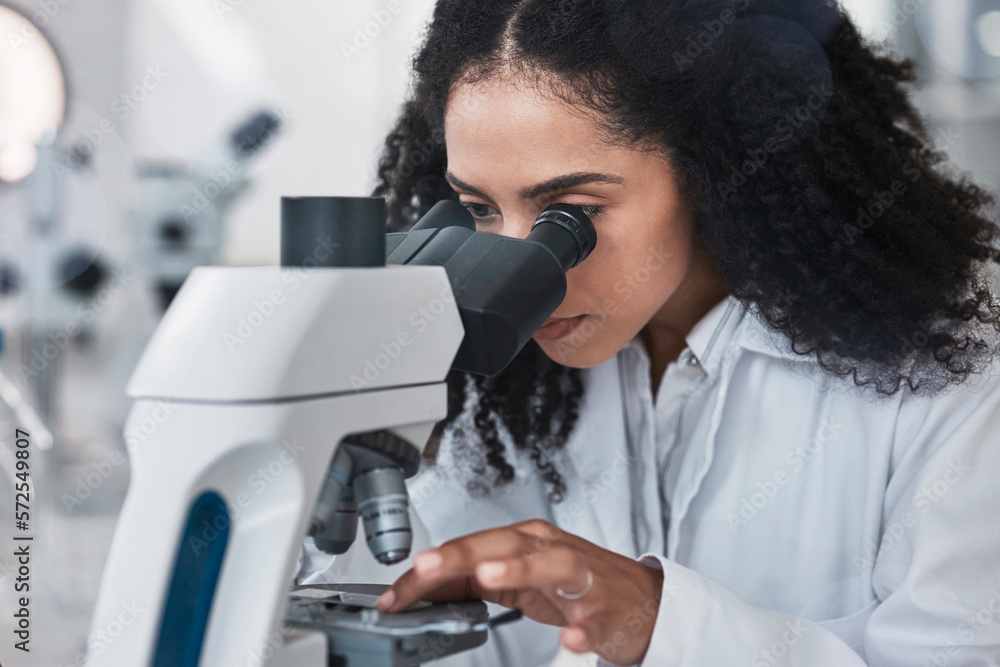 Aufkleber science, microscope and sample with a doctor black woman at work in a lab for innovation or research