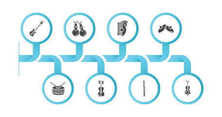 editable filled icons with infographic template. infographic for music concept. included bass guitar, castanets, zither, cymbals, snare drum, viola, bassoon, double bass icons.