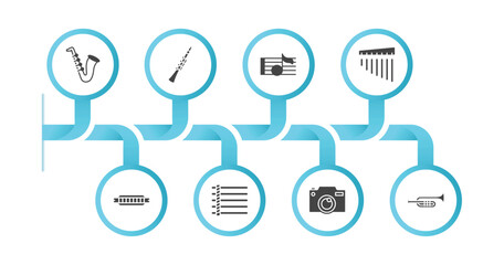 editable filled icons with infographic template. infographic for music and media concept. included jazz, oboe, crotchet, chimes, harmonica, dotted barline, photo camera, trombone icons.
