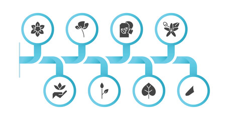 editable filled icons with infographic template. infographic for nature concept. included narcissus, peony, green tea, neroli, save nature, grow plant, poplar, freesia icons.
