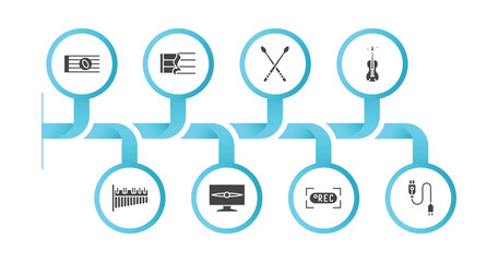 editable filled icons with infographic template. infographic for music and media concept. included whole, quarter note rest, drumsticks, cello, marimba, television screen off, rec, charging plug © IconArt