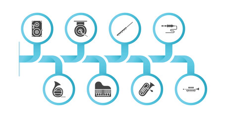 editable filled icons with infographic template. infographic for music concept. included speaker, gong, flute, jack, horn, piano, tuba, et icons. © IconArt