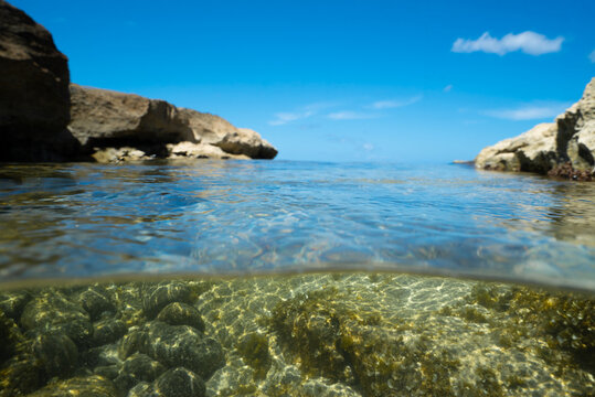Over Under Split Water View of the Sky and Reef