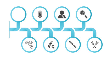 editable filled icons with infographic template. infographic for medical concept. included drugs, iv, patient, germs, ear, gum, scalpel, crutches icons.