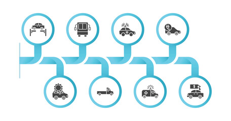 editable filled icons with infographic template. infographic for mechanicons concept. included car on an elevator, bus front view, police car with lights, electric car and plug, with cogwheels, pick