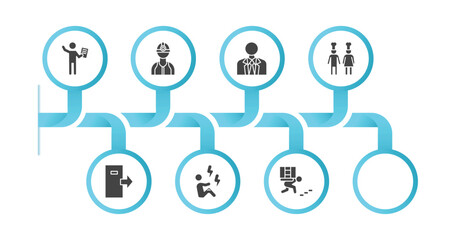 editable filled icons with infographic template. infographic for humans concept. included worker with notepad, construction worker, businessman with tie, cooker couple, out, pay in restaurant, pain,