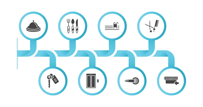 editable filled icons with infographic template. infographic for hotel and restaurant concept. included reception bell, cutlery, pool, barbershop, room key, elevator, doorknob, check in icons.
