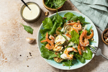 Healthy food concept. Vegetarian vegetable low carb lunch bowl. Diet salad shrimps with arugula,...