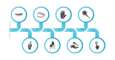 editable filled icons with infographic template. infographic for gestures concept. included eyelid, eyelash, hand up, look up, finger up, two fingers hanging over the key, grab icons.