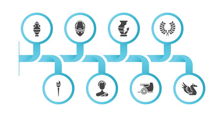 editable filled icons with infographic template. infographic for greece concept. included amphora, socrates, broken amphora, laurel, sports torch, alexander the great, chariot, pegasus icons.