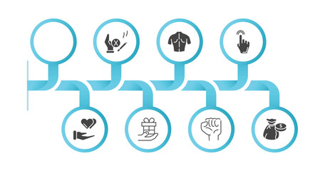 editable filled icons with infographic template. infographic for gestures concept. included drag up, give up smoking, body parts, hand pointer, charity donation, give a gift, hand gesture, money bag
