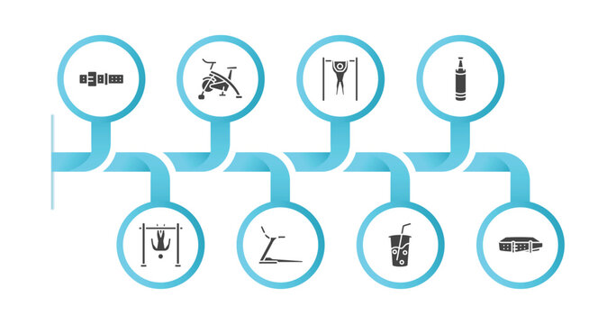 Editable Filled Icons With Infographic Template. Infographic For Gym And Fitness Concept. Included Athletic Strap, Riding Bicycle, Exercise Hang Bar, Boxing Bag, Bar Exercising, Running Treadmill,