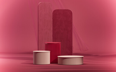 Viva magenta is a trend colour year 2023. Abstract minimalist scene with geometric forms. Podium on dark red background.Product presentation, mock up, show cosmetic product display. 3d render