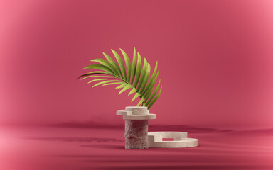 Viva magenta is a trend colour year 2023. Abstract minimalist scene with geometric forms. Podium on dark red background.Product presentation, mock up, show cosmetic product display. 3d render