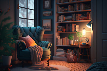 a cozy reading nook decoration with a comfortable chair, soft lighting, and shelves filled with books and decorative objects Generative AI - obrazy, fototapety, plakaty