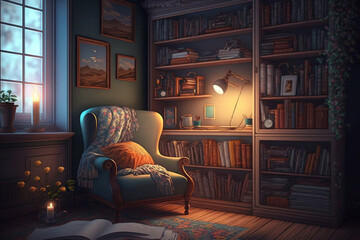 a cozy reading nook decoration with a comfortable chair, soft lighting, and shelves filled with books and decorative objects Generative AI - obrazy, fototapety, plakaty