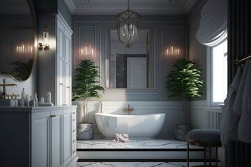 a luxurious bathroom decoration with a spa-like atmosphere, using neutral colors, elegant fixtures, and indulgent details like a bathtub Generative AI