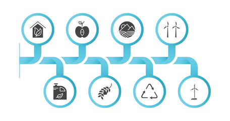 editable filled icons with infographic template. infographic for ecology concept. included green house, half, landscape image, wind mill, biodiesel, olives on a branch, recycling, wind mills icons.