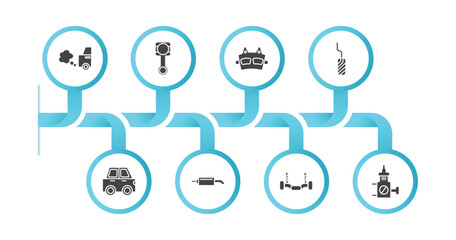 editable filled icons with infographic template. infographic for car parts concept. included car exhaust, car connecting rod, brake pad, pedal, hard top, silencer, anti-roll bar, choke icons.