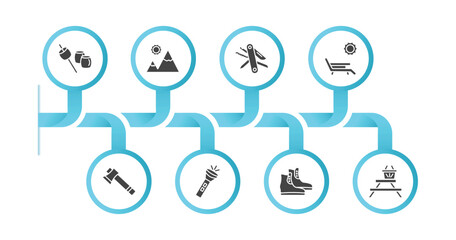 editable filled icons with infographic template. infographic for camping concept. included marshmallow, mountain, swiss knife, deck chair, axe, flashlight, boots shoes, camp table icons.