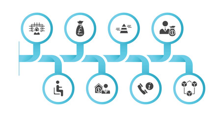 editable filled icons with infographic template. infographic for business concept. included multitasking woman, pounds money bag, stats pyramid, man carrying money, sitting, mortgage and man,