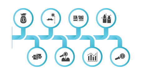 editable filled icons with infographic template. infographic for business concept. included dollar on business time, man with moustach, broken credit card, nails, points connected chart,