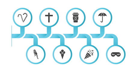 editable filled icons with infographic template. infographic for brazilia concept. included canes, lent, coffee cup, sun umbrella, parrot, ice cream, confetti, eye mask icons.