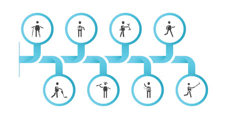 editable filled icons with infographic template. infographic for behavior concept. included man with broken leg, fracture arm, man with tool, stick man running, vacuum, stick graduated, spraying