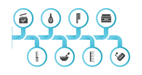 editable filled icons with infographic template. infographic for beauty concept. included feet cream, nail polish removal, one comb, men cream, women comb, mortar bowl, hairbrush, soap bar icons.
