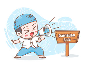 Cute muslim boy holding megaphone in ramadan sale cartoon illustration