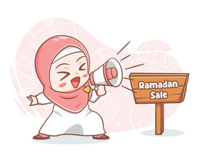 Cute muslim boy holding megaphone in ramadan sale cartoon illustration
