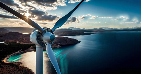 Clean, Renewable Energy in the Aegean Sea: Experience the Power of Our State-of-the-Art Wind Turbines with a Stunning Backdrop of Nature. Copy space, Generative AI