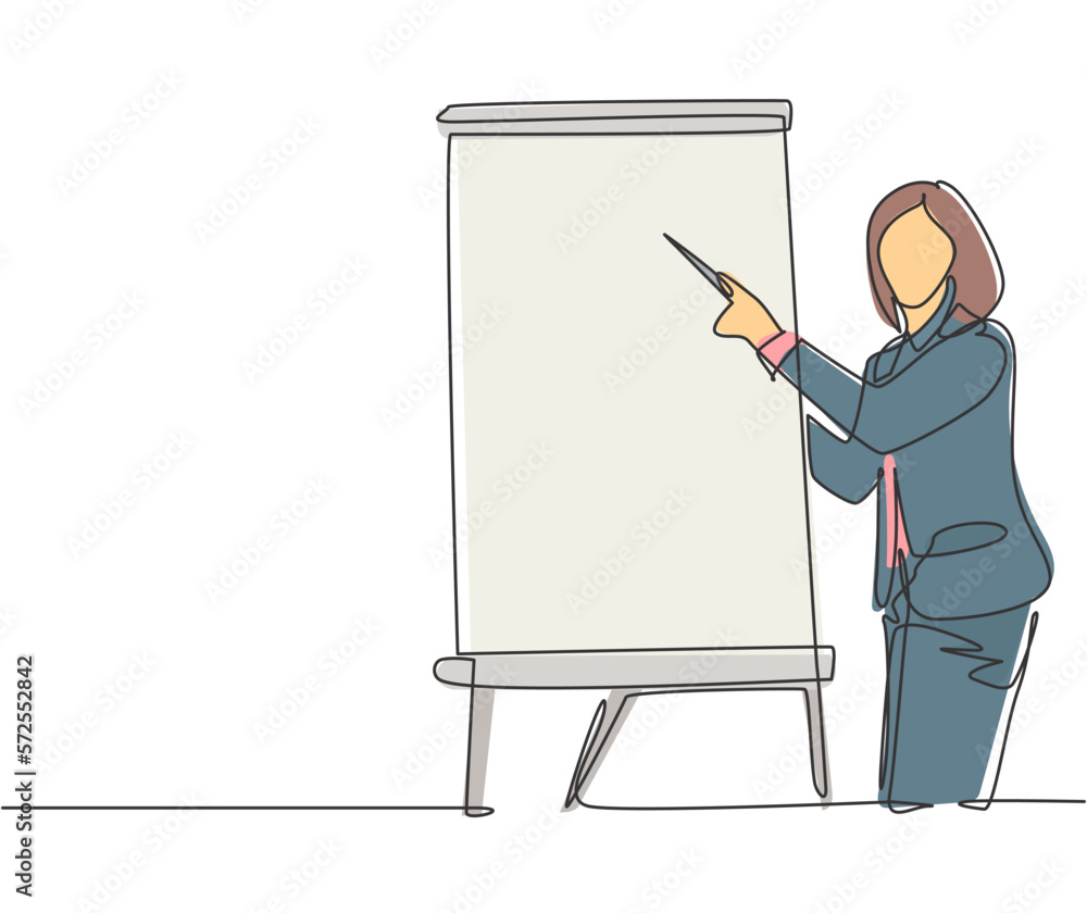 Poster one single line drawing of young female presenter teaching how to do effective presentation. product