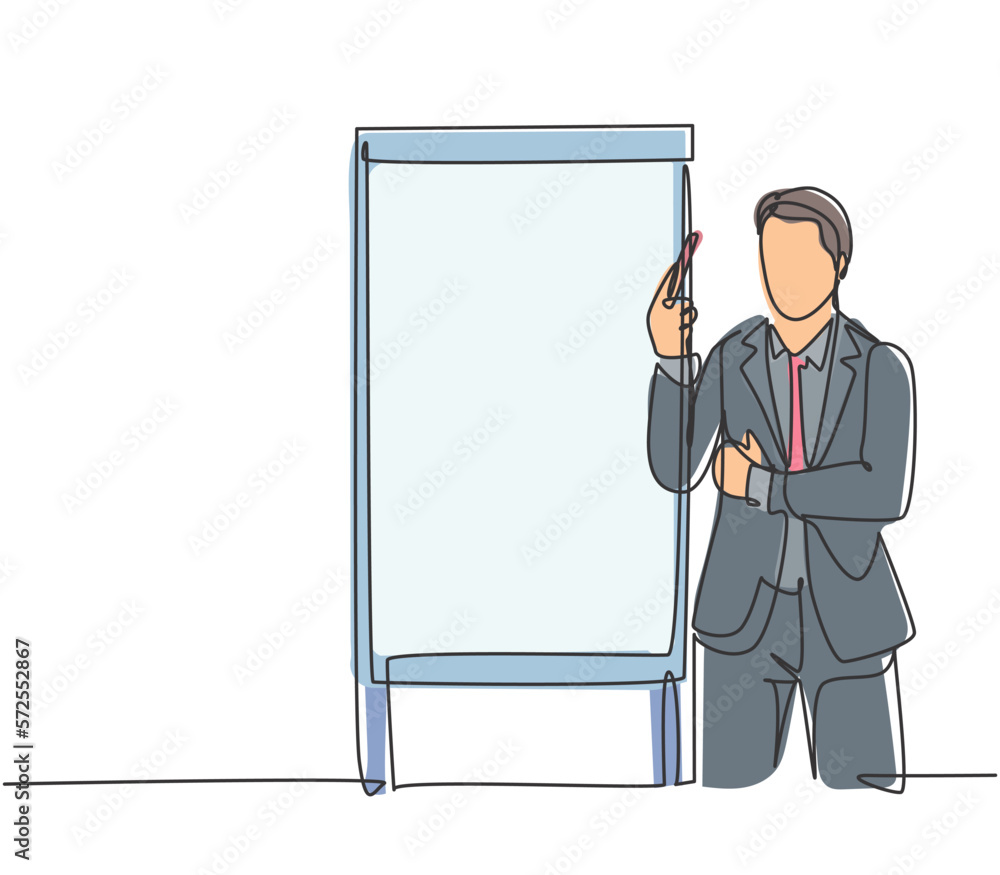 Poster one continuous line drawing of young presenter watching mess data graph on screen and thinking how t