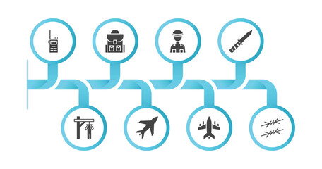 editable filled icons with infographic template. infographic for army and war concept. included militar radio, backpack, soldier, combat knife, torture, airplane, fighter plane, barbed wire icons.