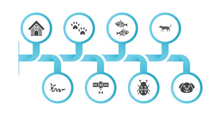editable filled icons with infographic template. infographic for animals concept. included kennel, pawprint, japan koi fish, leopard, japanese dragon, leash, ladybird, dog head icons.